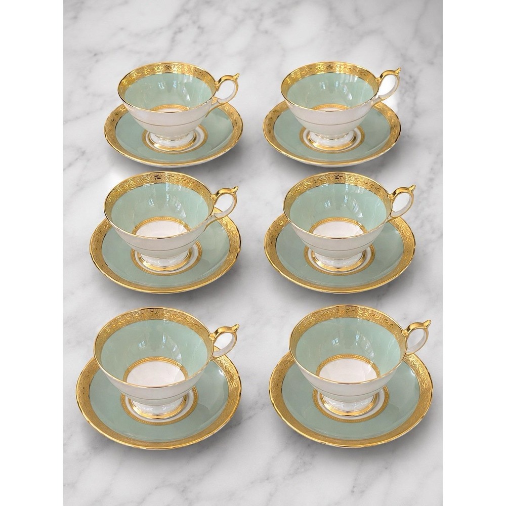 Aynsley Bone China Tea Cup & Saucer Set of 6 Montreal Green Gold MCM